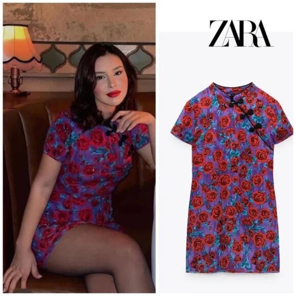 Zara Printed Frog Button Mini Dress Women's Size Large - Picture 2 of 15